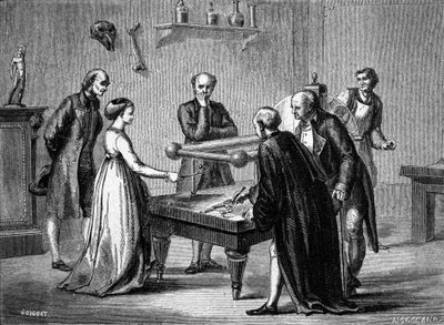 Luigi Galvani, professor em Bolonha, descobriu em 1780 a irritabilidade dos músculos dos sapos pela eletricidade. Gravura do século XIX. de Unknown artist