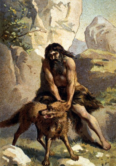 Lycantrophy: Delírio daquele que pensa que se transforma em lobo. Chromo do século XIX de Unknown artist