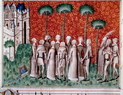 Machaut a encontrar a sua senhora. Miniatura de uma partitura em "Remede de Fortune" (Folio 51) de Guillaume de Machaut (v. 1300-1377), cerca de 1350-1355. de Unknown artist