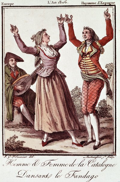 Homem e mulher da Catalunha dançando o Fandango de Unknown artist