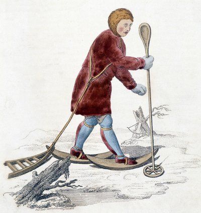 Homem da tribo Ostiak (Khanty ou Khante) (tribo caçadora paleosiberiana estabelecida na área florestal do vale do Ob médio) caçando ermine. Ilustração de 1803. de Unknown artist