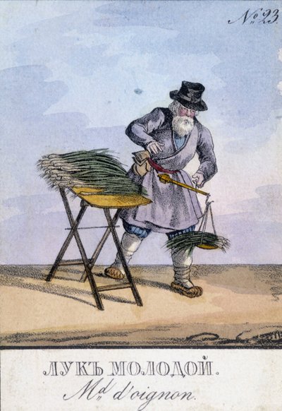 Homem a pesar cebolas numa balança pendurada no cinto. Ilustração do século XIX. Gravura do séc. XIX de Unknown artist