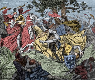 Manfred Morto em Batalha - Batalha dos Beneméritos (26 de Fevereiro de 1266): a morte de Manfred I (de Hohenstaufen de Unknown artist