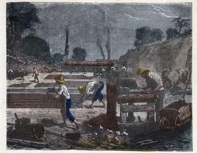 Fabricação de um tijolo no século XIX: o operário de moldes enche o seu molde com pasta de barro, depois o aprendiz coloca o tijolo no chão para o secar. Gravura no final do século XIX. de Unknown artist