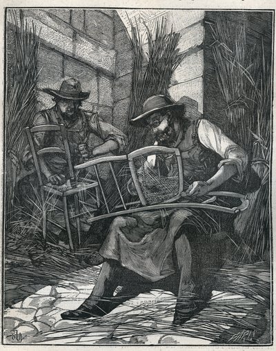 Fabrico de cadeiras: cobertura e enlatamento de cadeiras. Gravura de 1885 em "Les arts et metiers illustres" de Adolphe BITARD. de Unknown artist