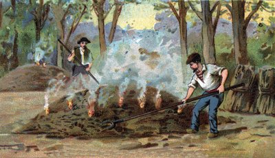 Fabricação de carvão vegetal, forno de combustão. Cromolitografia do final do século XIX. de Unknown artist