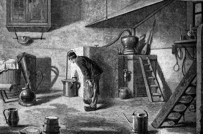 Fabricação de kirsch: destilação, castelo de Isenberg na Alsácia. Gravura em "Le Journal de la jeunesse". de Unknown artist