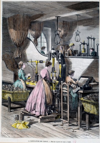 Fabrico de tabaco, embalagem de tabaco para fumar. Litografia de 1867 Paris, Musee Carnavalet de Unknown artist