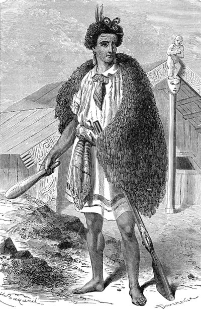 Chefe Maori nas imediações de AUCKLAND, Nova Zelândia. Gravura de 1885 de Unknown artist