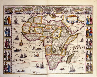 Mapa de África a partir do Atlas de William Blaeu. No topo estão as cidades de Tânger, ceuta, Argel, Tunes, Alexandria, Alcair, Moçambique, Saint Georges de la Mina, Ilhas Canárias. Várias ilhas estão também representadas ao largo de África, as Ilhas Masca de Unknown artist