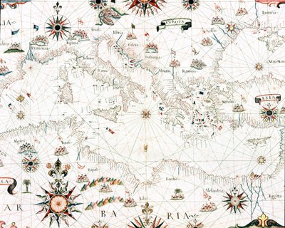 Mapa do Mar Mediterrâneo e da costa (Detalhe do portulano de Castellini de Unknown artist
