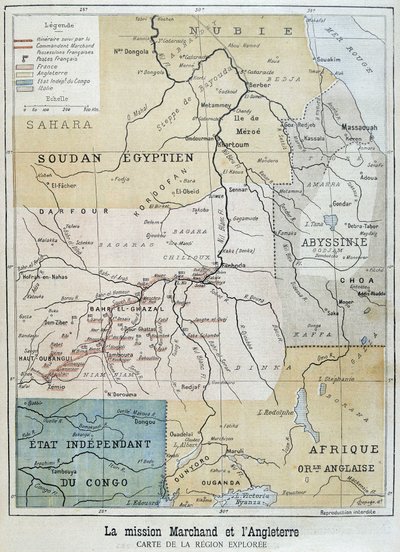 Mapa da área explorada pela Missão Marchand - no "Le Petite Journal" de 10/09/1898 de Unknown artist