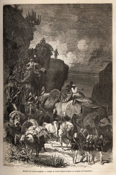Marcha do exército inglês em direcção ao planalto Dalanta, seguindo as tropas do Imperador Theodoros (cerca de 1818-1868), com elefantes para o transporte de peças de artilharia. Gravura para ilustrar a história "les captifs de Theodoros", do Doutor Henry  de Unknown artist