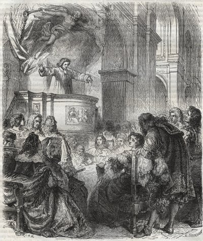 Marie de Rabutin-Chantal (Rabutin Chantal), Marquesa de Sevigne conhecida como Madame de Sevigne (1626-1696), escute Louis Bourdaloue (1632-1704) Francês na igreja de jesuítas, Saint-Louis em Paris - gravura de 1866 de Unknown artist