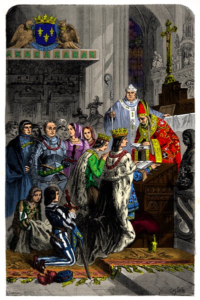 Casamento entre Carlos VIII (1470-1498) e Ana de Bretanha (1477-1514) em 13 de Dezembro de 1491 no castelo de langeais, gravura do século XIX. de Unknown artist