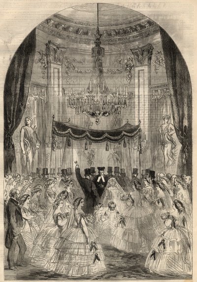 Casamento do Barão Alphonse de Rothschild (1827-1905) e Leonora de Rotschild (1837-1911). A Maria aprendeu a jogar uma bebida no chão, a última etapa de um casamento judeu chamado de "copo partido". Gravura no "The Illustrated London News" de Março de Unknown artist