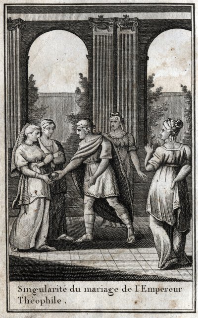 Casamento do imperador teófilo bizantino (813-842): tendo unido as mulheres mais belas do reino para encontrar uma esposa, escolheu Theodora e ofereceu-lhe uma maçã de ouro. Gravura em "Beaute de l