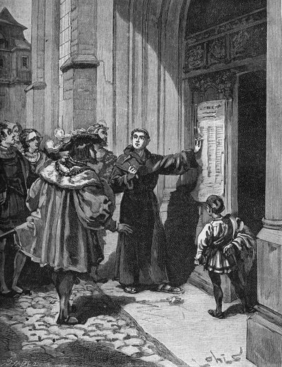 Martin Luther (1483-1546) pendurando suas 95 teses em Wittenberg de Unknown artist