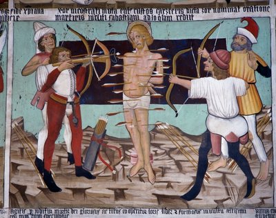 Martírio de São Sebastião, vida de São Sebastião (século XV), afrescos, Capela de São Sebastião, Villard-de-Lans, Rhone-Alpes, França. de Unknown artist