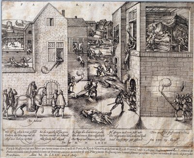 Massacre de Saint Barthelemy (São Bartolomeu) em Paris, na noite de 24 de Agosto de 1572. Gravura do século XVI. Pau, Musee Du Chateau de Unknown artist
