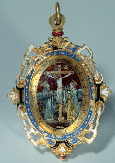 Medalhão em e-mail sobre lombada de ouro redonda decora crucificação e voo para o Egito. Estreia do Sol do século XVI. h. 7 cm. Paris. Museu do Louvre de Unknown artist