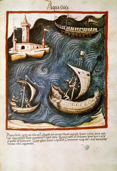 Comércio de medicamentos: "água salgada" Página retirada de "Tacuinum sanitatis" (Cod. ser. nov. 2644) Cerca de 1400 Viena, Osterreischische Nationalbibliothek de Unknown artist