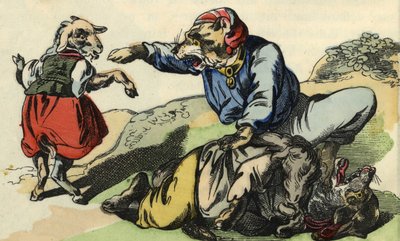 O Medor salva o Pequeno Chefe do lobo. Ilustração do conto "Bon medor e o Pequeno Chevrette". Em "Contos do lar para os pequenos". Gravura anónima do século XIX. de Unknown artist