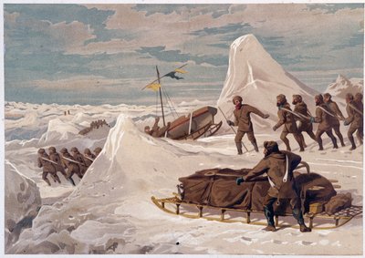 Homens e Sleds - em "The shores of the polar sea, an Arctic expedition narration", pelo Dr. Edward Moos, Marcus Nard & Co, Londres de Unknown artist