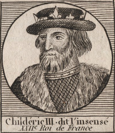 Merovingian Dynasty: Retrato de Childeric III (714-755) Rei dos Francos - CHILDERIC III (d. 754) Rei dos Francos, 741-751, e último dos Merovíngios - gravura de "Instruction sur l