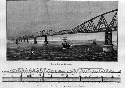Ponte metálica projectada no Canal: em cima, a ponte uma vez terminada; em baixo, as dimensões das estacas e travessias da ponte projectada. Gravação no "Le Journal de la jeunesse". de Unknown artist