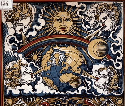 Alegoria meteorológica - Alegoria meteorológica (sol com terra, ventos, arco-íris) - ilustração de calendário de Unknown artist