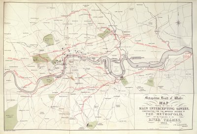 Mapa Metropolitano do Plano da Bazalgette para as Linhas de Esgotos de Intercepção Principal, construído para a Melhoria da Drenagem da Metrópole de Unknown artist
