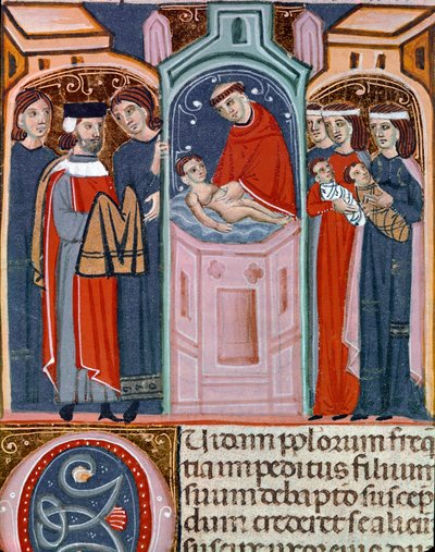 Cena de batismo em miniatura retirada do Código Justiniano (Codex Justinianus), coleção de leis e instituições publicadas sob o Imperador Romano Justiniano I de Bizâncio (483-565) de Unknown artist