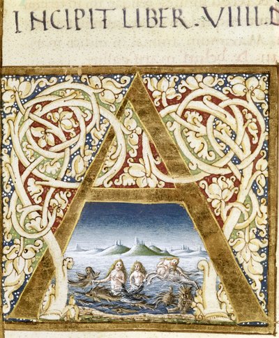Miniaturas representando sirenes. Lettrine "A" - in "Naturalis Historiae" de Pliny the Ancian (23 - 79), ed. 1480.Victoria & Albert Library de Unknown artist