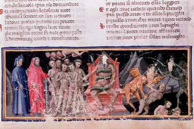 Minos julga as transgressões e despacha as almas (canção 5 do Inferno, na Divina Comédia) - miniatura de Unknown artist