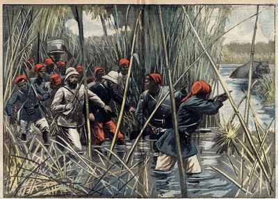 Missão Marchand (1896-1899) a Fachoda (Sudão): o capitão francês Baratier (1864-1917) e as suas tropas avançando pelo pântano em direcção a Fachoda. (De acordo com o diário de bordo do capitão Baratier). Ilustração em "Le Pelerin" de 6 de novembro de Unknown artist