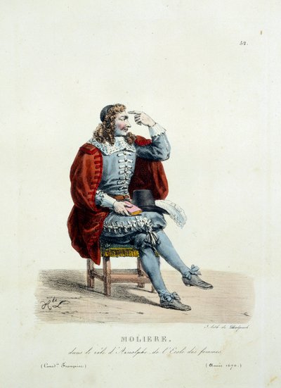 O traje de Moliere no papel de Arnolphe na peça "A escola das mulheres", em 1670. Traje de comédia francesa de Hippolyte Lecomte (1781-1857). Gravura do século XIX. Coll. Vamos. de Unknown artist