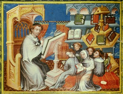 Escola monástica do convento dos eremitas de Santo Agostinho em Paris: um monge no púlpito lê um leão com tons de adolescentes, mas também com laicos. À direita, uma roda de libra. Miniatura em "historiador da bíblia" (Histórico bíblico) de Pierre Comestor de Unknown artist
