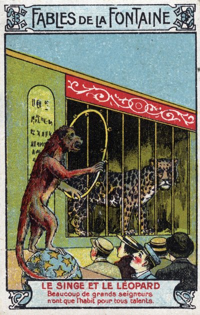 Macaco e Leopardo - Fábulas de Jean de La Fontaine (1621-95) -Cromolitografia do final do século XIX Coleção Particular de Unknown artist
