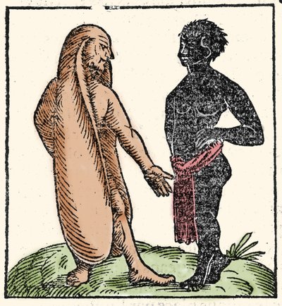 Criaturas monstruosas: dois homens africanos, um deles com orelhas longas para se protegerem do sol e do frio. Quando uma situação os intimida, as suas orelhas permitem-lhes voar para longe. Simbolicamente, eles permitem-lhes ouvir melhor a palavra de Deus de Unknown artist