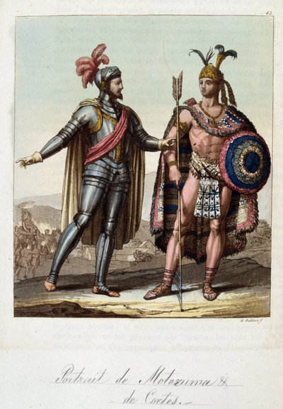 Montezuma II, rei asteca, e Hernán (ou Hernando) Cortes ou Fernand Cortez (1485-1547), conquistador espanhol - em "O traje antigo e moderno" de Ferrario, ed. Milão de Unknown artist