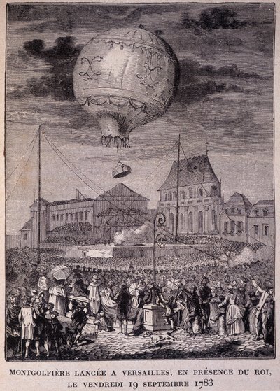 Montgolfiere lançado em Versalhes, na presença do Rei (Luís XVI), sexta-feira 19/09/1783 - em "Les Contemporains", n.d. final do século XIX. de Unknown artist