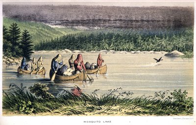 O Lago Mosquito no Canadá: Canoagem dos índios através do lago com redes mosquiteiras na cabeça - em "Exploration of the Labrador Peninsula", por Hind, Londres de Unknown artist