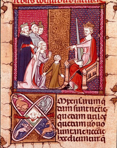 Mãe e filho comparecem perante um rei, representante da Miniatura de Justiça tirada de "Justiniani in Fortiatum" Biblioteca Real do Mosteiro do Escorial (Escorial), Espanha, século XIV de Unknown artist