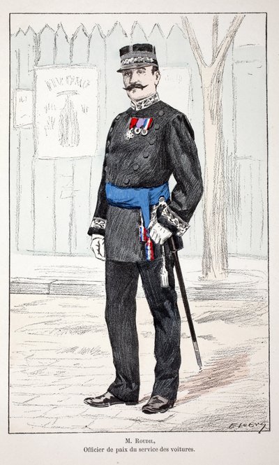 Sr. Roudil, oficial de paz do serviço de carros. Gravura colorida, para ilustração do livro "Histoire du corps des gardiens de la paix" publicado sob os auspícios de Louis Lepine (1846-1933) prefet de police de la Seine, de Alfred Rey (1864-?) e Lo de Unknown artist