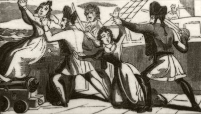 "Sra. Glass e sua filha implorando aos piratas para salvar suas vidas", c.1836 de Unknown artist