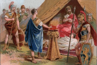 Mucius Scaevola antes de Porsenna (Mucius Scaevola antes de Porsenna). Caius Mucius Scaevola, um jovem patrício romano capturado pela guarda real de Porsena (Porsinna, Porsena) de Unknown artist