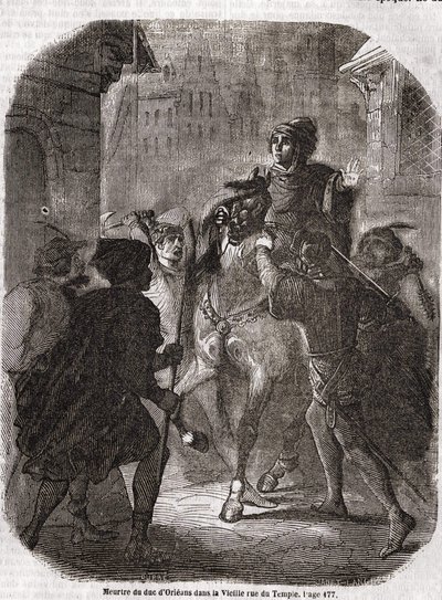 Assassinato de Luís I de Valois, Duque de Orléans (1372 - 1407) na antiga rue du Temple de Jean Sans Ppeur - no "Histoire de France" de L.-P. Anquetil de Unknown artist