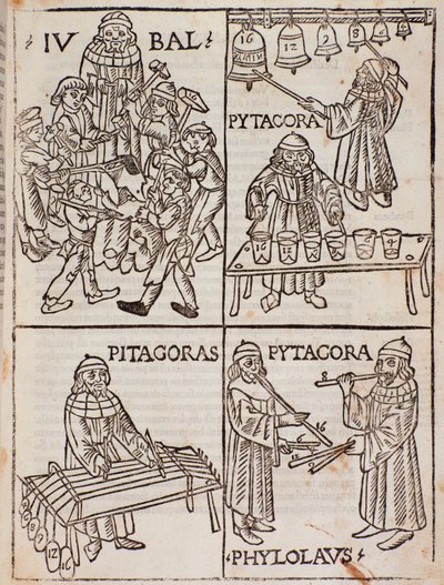 Teorias musicais de Pitágoras. Página retirada de Theorica Musicae por Franchino Gaffurio de Unknown artist