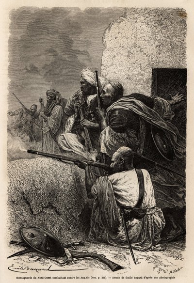 Montanhistas muçulmanos reinstalaram-se nas montanhas de Svat, lutando contra uma expedição inglesa em 1863 para deter o saque de aldeias na região. Gravura para ilustrar a história de Pandjab e Caxemira, de Guillaume Lejean, em 1866, publicada em "Le tour de Unknown artist